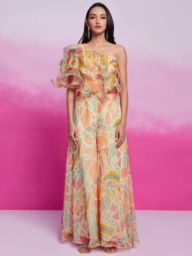 Lovely Cream Digital Printed Organza Party Wear Crop Top Palazzo